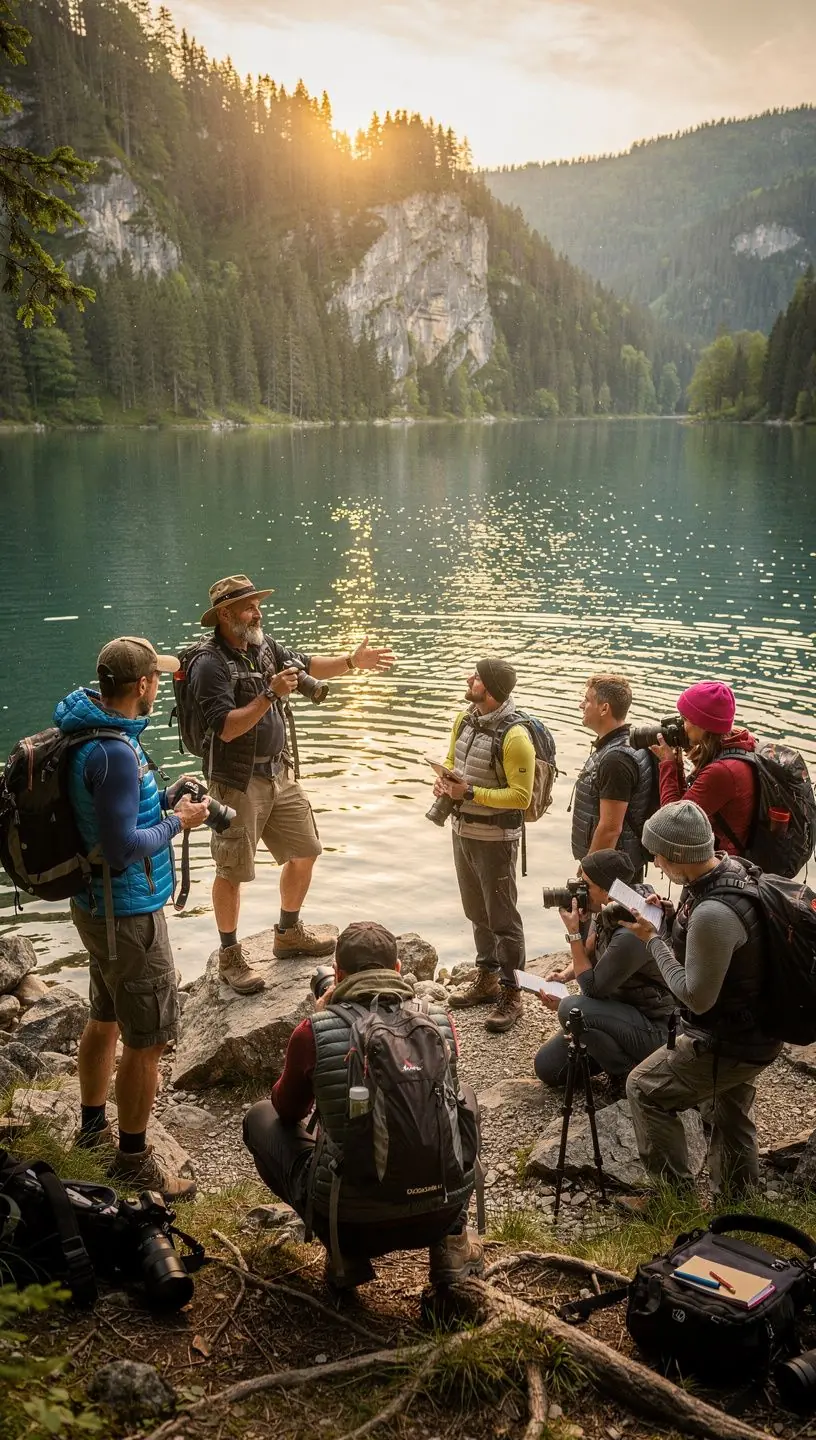 Účastníci fotografického workshopu sledujú výklad sprievodcu o najlepších miestach na fotenie v Slovenskom raji